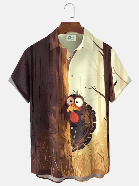 Royaura® Thanksgiving Turkey Print Casual Stylish Hawaiian Shirt Summer Shirts Pocket Short Sleeve Shirt Big Tall