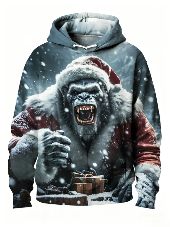 Royaura® Christmas Bigfoot Print Men's Drawstring Stretch Large Size Pullover Sweatshirt