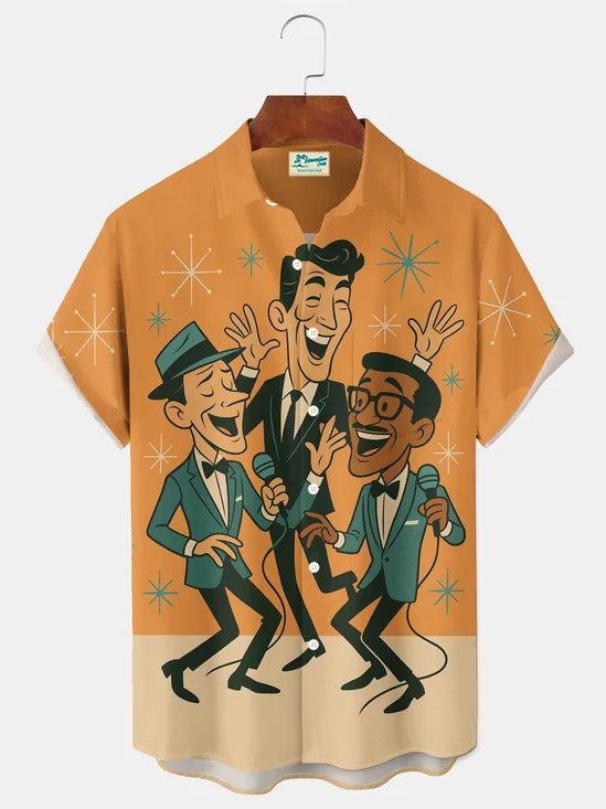 Royaura® Vintage Music Rat Pack Graphic Print Men's Button Pocket Short Sleeve Shirt Big & Tall