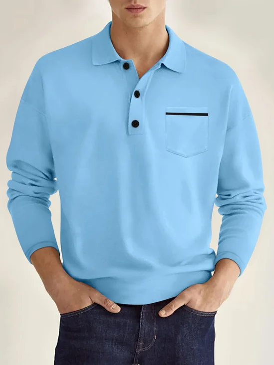 Royaura® Basic Men's Casual Fashion Solid Color Pocket Button Stretch Comfort Long Sleeve Polo Shirt