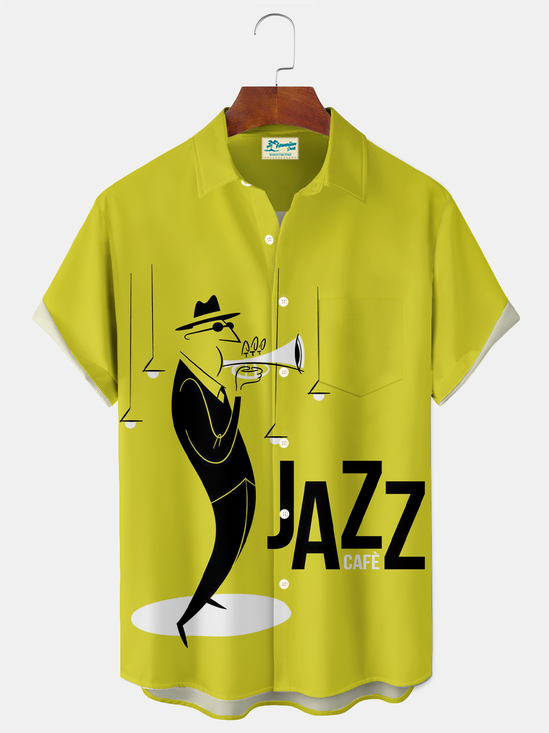 Royaura® Vintage Jazz Music Graphic Print Men's Button Pocket Short Sleeve Shirt Big & Tall
