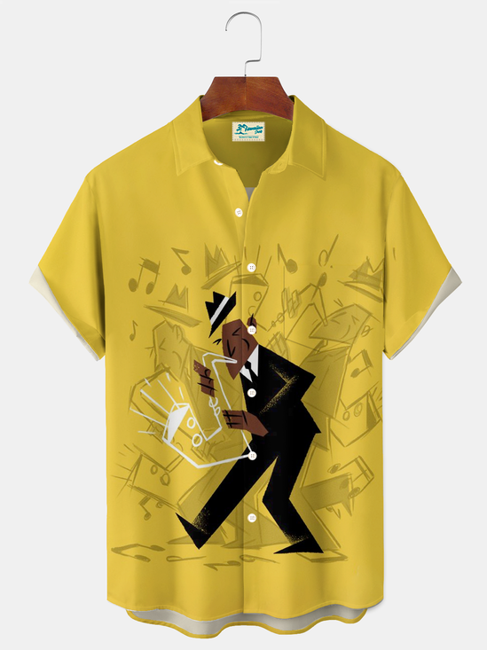 Royaura® Vintage Jazz Music Graphic Print Men's Button Pocket Short Sleeve Shirt Big & Tall