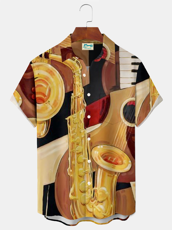 Royaura® Vintage Jazz Music Graphic Print Men's Button Pocket Short Sleeve Shirt Big & Tall