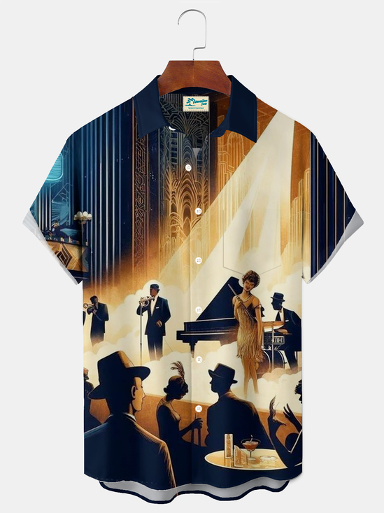 Royaura® Vintage Jazz Music Graphic Print Men's Button Pocket Short Sleeve Shirt Big & Tall