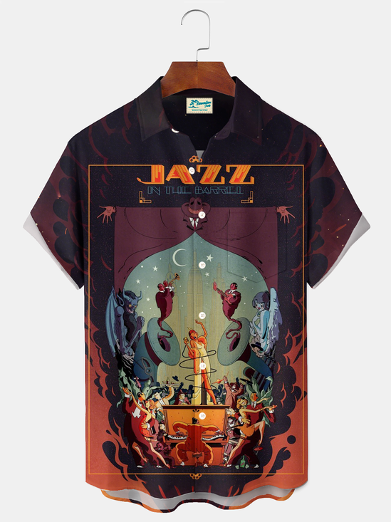 Royaura® Vintage Jazz Music Graphic Print Men's Button Pocket Short Sleeve Shirt Big & Tall
