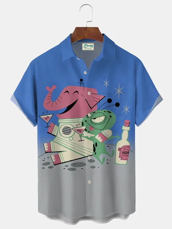 Royaura® Retro Mid-Century Geometric Elephant Cocktail Print Men's Lapel Pocket Short Sleeve Shirt Big & Tall