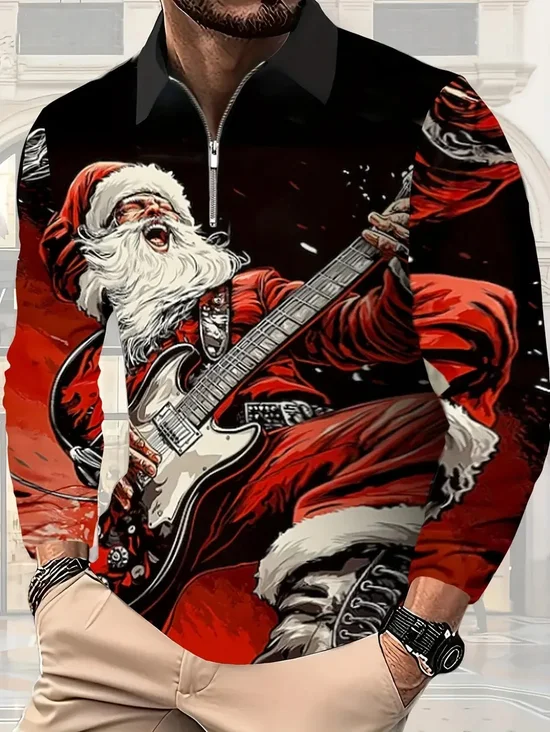 Royaura® Men's Holiday Christmas Santa Print Long Sleeve Polo Shirt Big & Tall