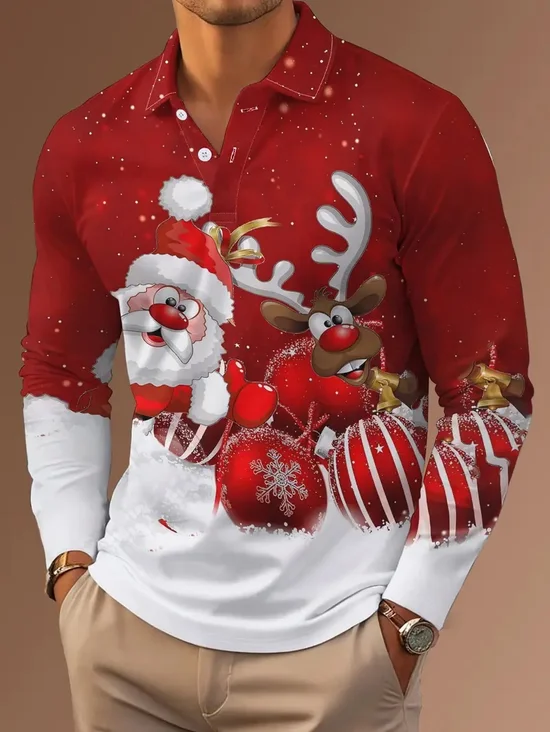 Royaura® Men's Holiday Christmas Santa Print Long Sleeve Polo Shirt Big & Tall