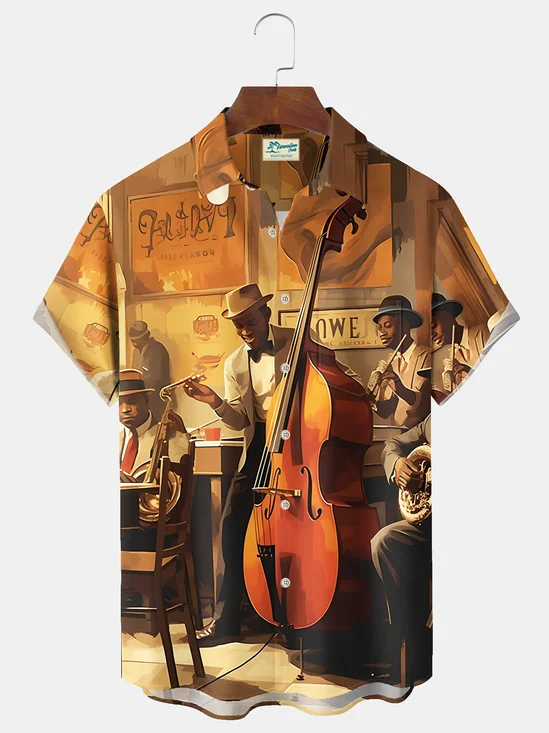 Royaura® Vintage Jazz Music Cartoon Print Men's Casual Stylish Button Pocket Hawaiian Summer Shirts Short Sleeve Shirt Big Tall