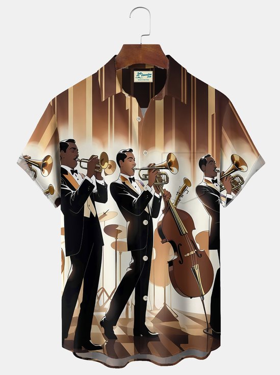 Royaura® Vintage Jazz Music Cartoon Print Men's Casual Stylish Button Pocket Hawaiian Summer Shirts Short Sleeve Shirt Big Tall