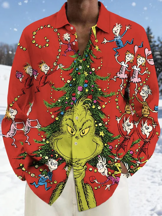 Royaura® Christmas Cartoon Print Casual Fashion Men's Button Pocket Long Sleeve Shirt Big Tall