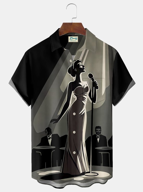 Royaura® Vintage Jazz Music Cartoon Print Men's Casual Stylish Button Pocket Hawaiian Summer Shirts Short Sleeve Shirt Big Tall