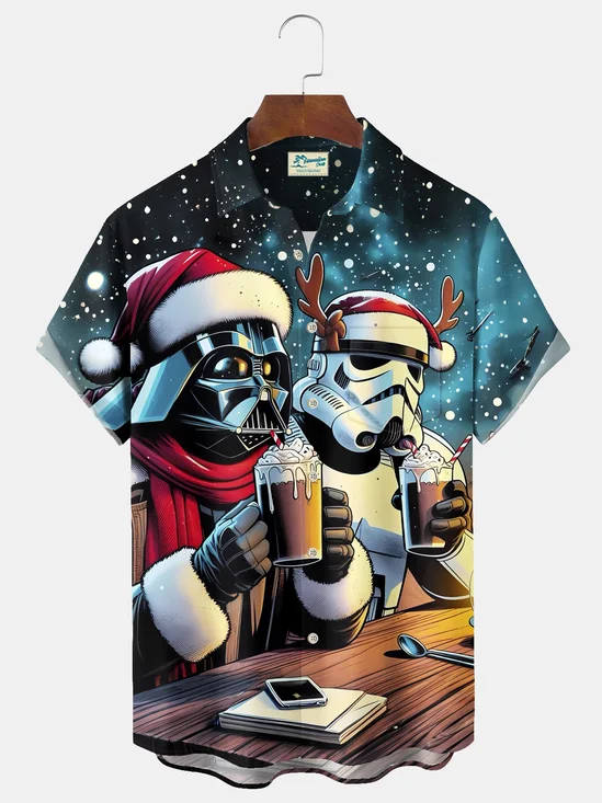 Royaura® Christmas Cartoon Print Casual Stylish Hawaiian Shirt Summer Shirts Pocket Short Sleeve Shirt Big Tall