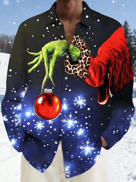 Royaura® Christmas Cartoon Print Casual Fashion Men's Button Pocket Long Sleeve Shirt Big Tall