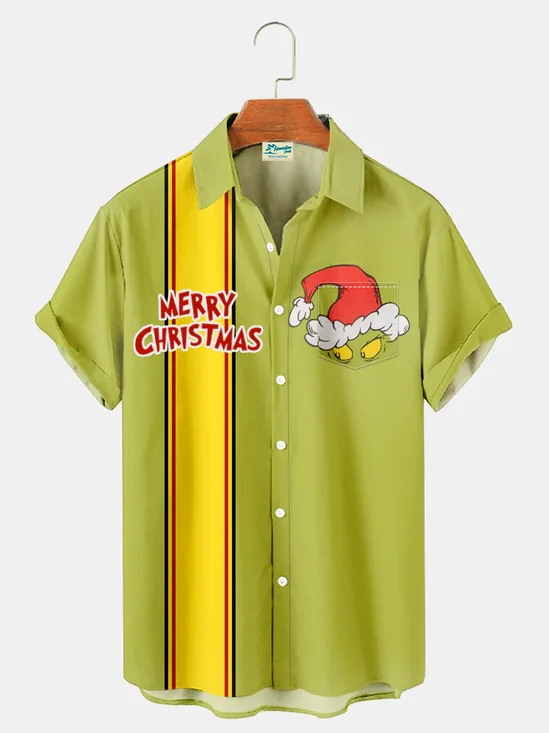 Royaura® Holiday Christmas Art Print Men's Button Pocket Short Sleeve Shirt Big & Tall