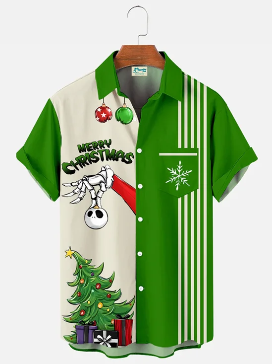 Royaura® Holiday Christmas Art Print Men's Button Pocket Short Sleeve Shirt Big & Tall