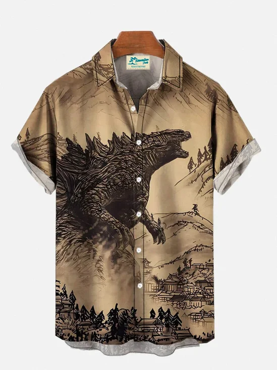 Royaura® Men's Ukiyo-e Godzilla Print Pocket Short Sleeve Shirt Big & Tall