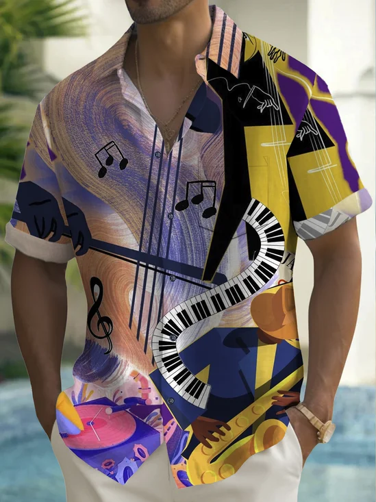 Royaura® Men's Retro Music Print Pocket Short Sleeve Shirt Big & Tall