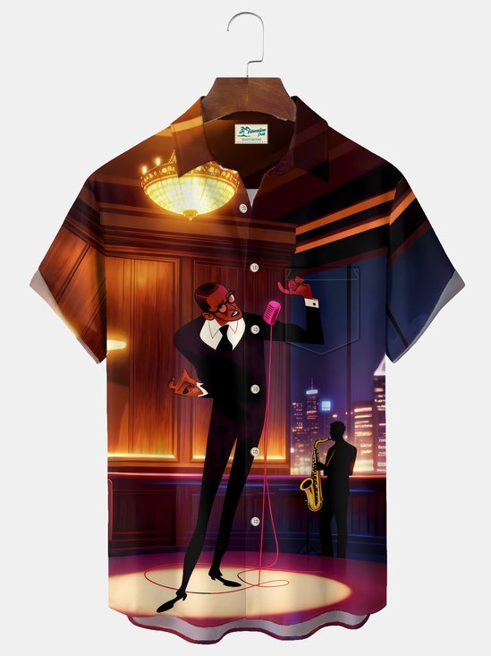 Royaura® Vintage Jazz Music Cartoon Print Men's Casual Stylish Button Pocket Hawaiian Summer Shirts Short Sleeve Shirt Big Tall