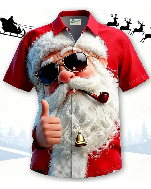 Royaura® Christmas Santa Claus Print Men's Button Pocket Short Sleeve Shirt Big & Tall