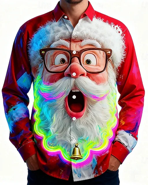 Royaura® Christmas Santa Print Men's Button Pocket Long Sleeve Shirt Big & Tall