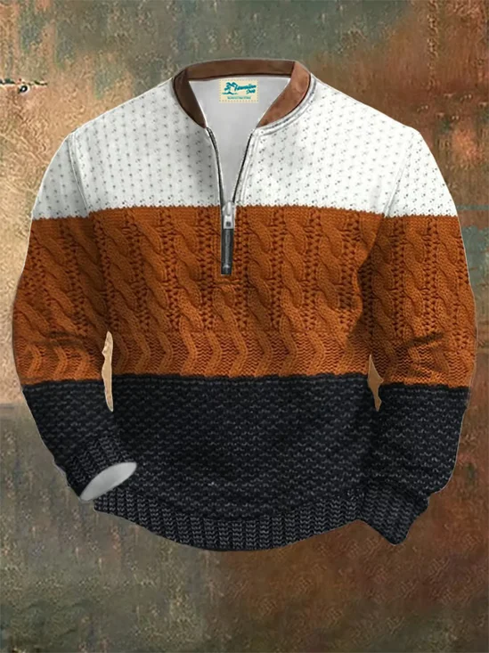 Royaura® Men's Vintage Stripe Print Zip-Neck Long Sleeve Sweatshirt Big & Tall