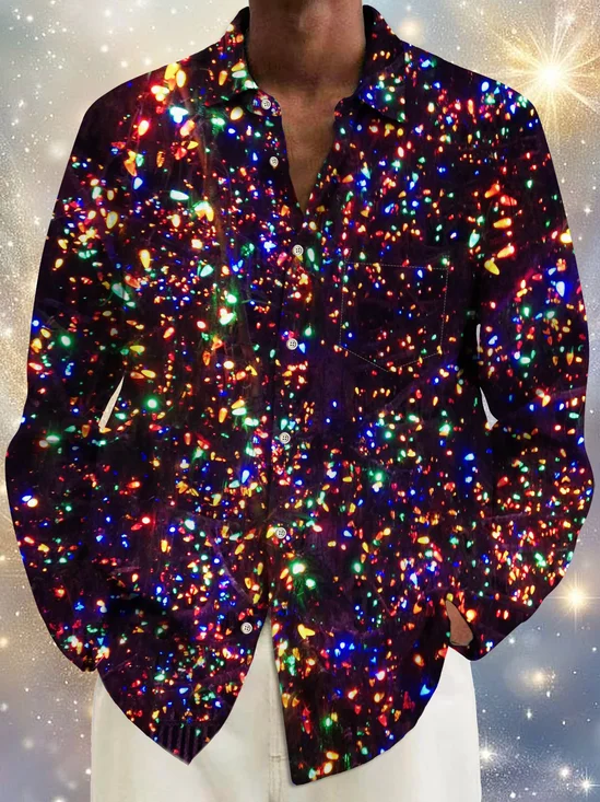 Royaura® Holiday Christmas Glitter Art Print Men's Button Pocket Long Sleeve Shirt Big & Tall