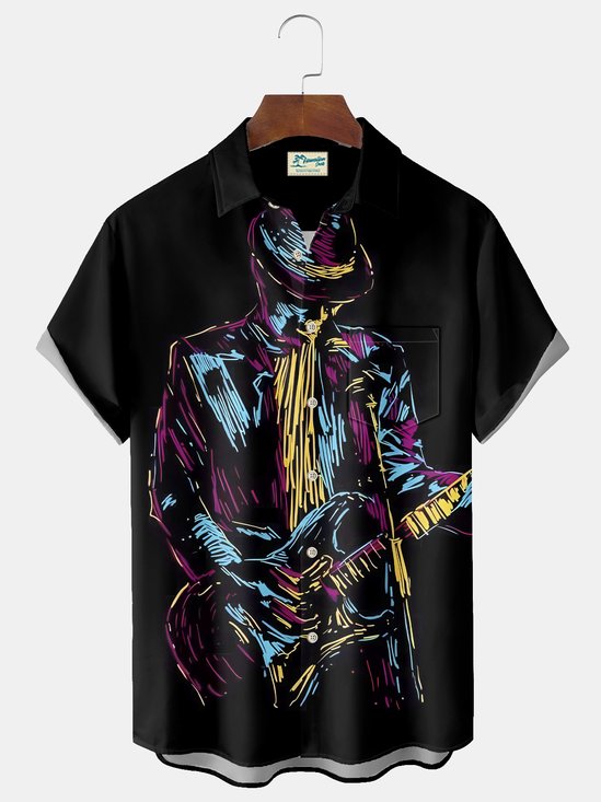 Royaura® Vintage Jazz Music Cartoon Print Men's Casual Stylish Button Pocket Hawaiian Summer Shirts Short Sleeve Shirt Big Tall