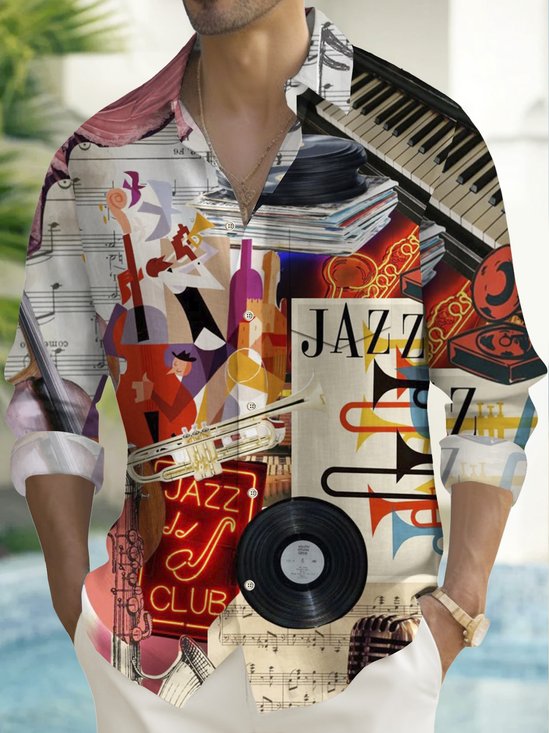 Royaura® Vintage Jazz Print Men's Pocket Long Sleeve Shirt Big & Tall
