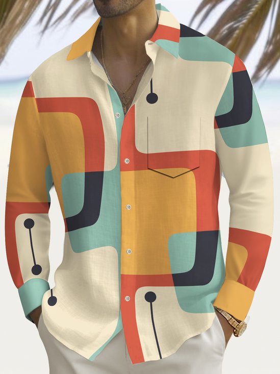 Royaura® Vintage Medieval Atomic Geometry Print Men's Casual Stylish Button Pocket Long Sleeve Shirt Big Tall