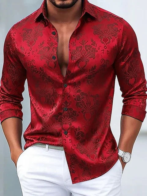 Royaura® Vintage Baroque Palace Style Print Men's Button Pocket Long Sleeve Shirt Big & Tall