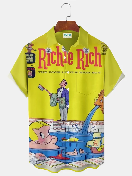 Royaura® Vintage Cartoon Comics Graphic Print Men's Button Pocket Short Sleeve Shirt Big & Tall