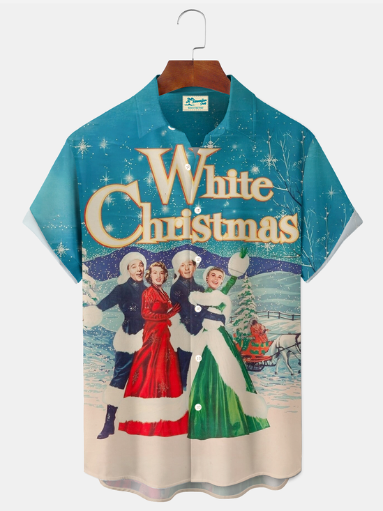 Royaura® Holiday White Christmas Art Print Men's Button Pocket Short Sleeve Shirt Big & Tall
