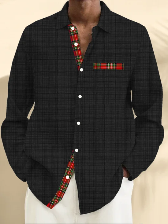 Royaura® Textured Christmas Plaid Print Men's Button Pocket Long Sleeve Shirt Big & Tall