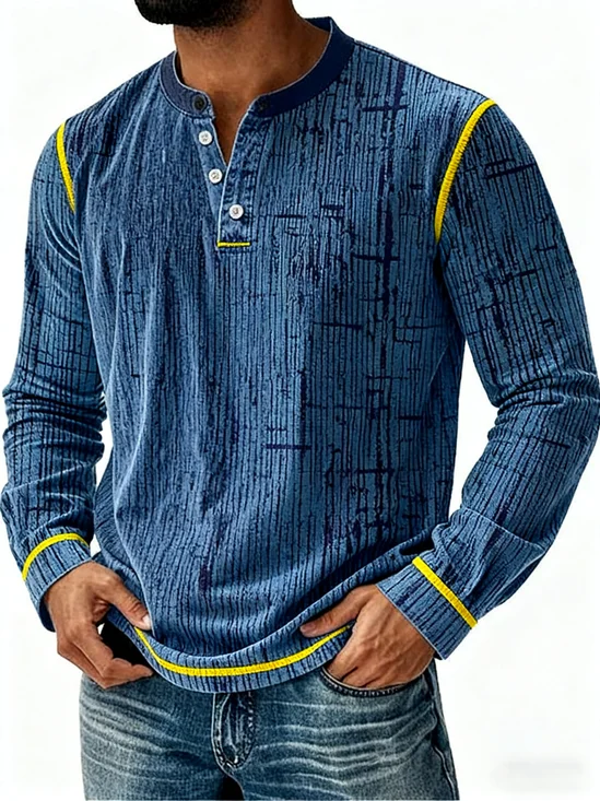 Royaura® Men's Retro Geometric Textured Button-Down Long Sleeve T-Shirt Big & Tall