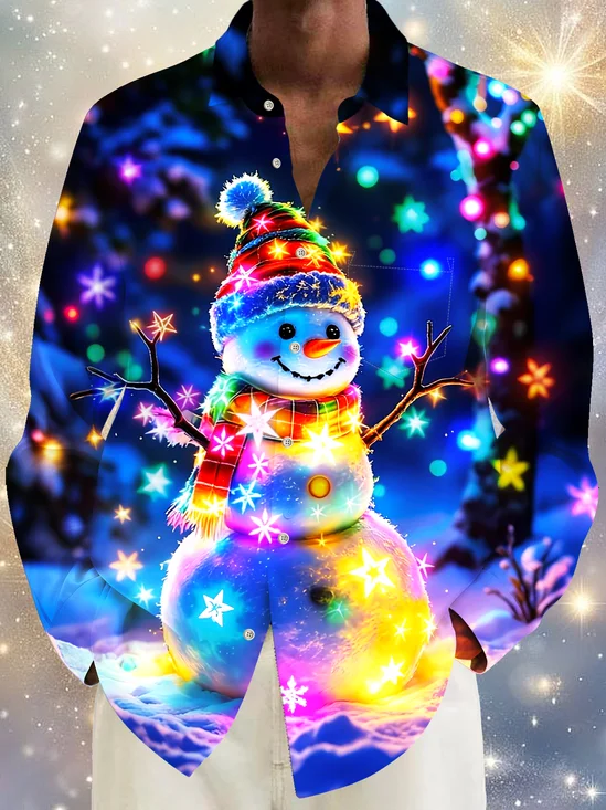 Royaura® Holiday Christmas Snowman Art Print Men's Button Pocket Long Sleeve Shirt Big & Tall