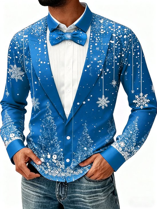 Royaura® Christmas Print Men's Button-Down Lapel Pocket Long Sleeve Shirt Big & Tall