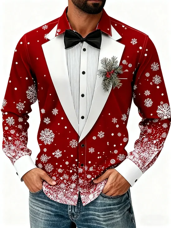 Royaura® Christmas Print Men's Button-Down Lapel Pocket Long Sleeve Shirt Big & Tall