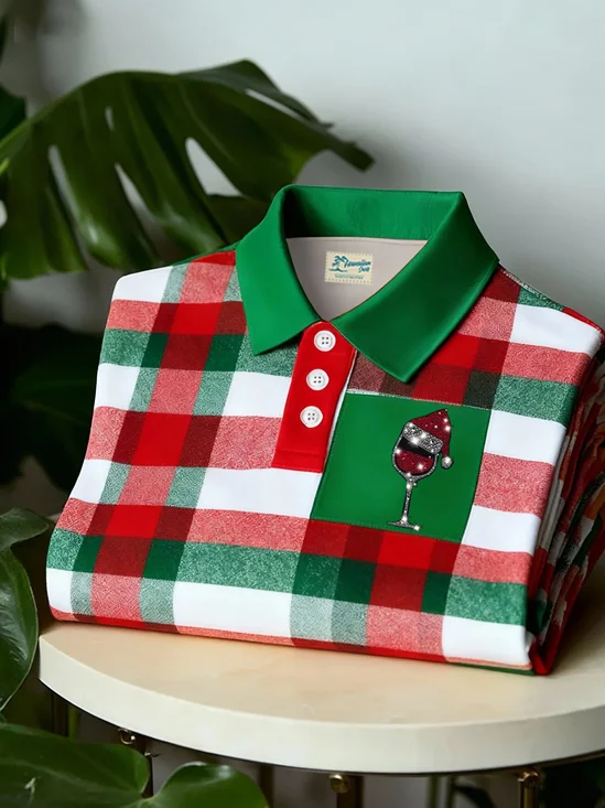 Royaura® Men's Christmas Plaid Print Button-Down Short-Sleeved Polo Shirt Big & Tall