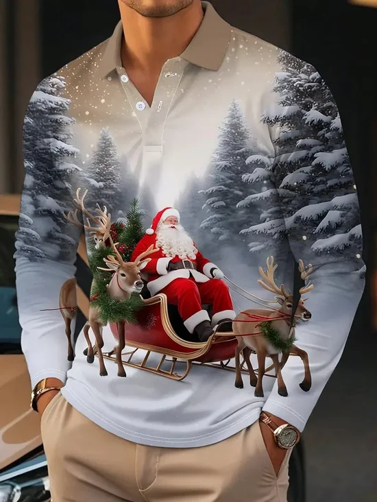 Royaura® Santa Claus Sleigh Print Men's Lapel Long Sleeve Polo Shirt Big & Tall