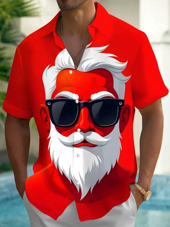 Royaura® Men's Christmas Santa Claus Sunglasses Print Button Pocket Short Sleeve Shirt Big & Tall