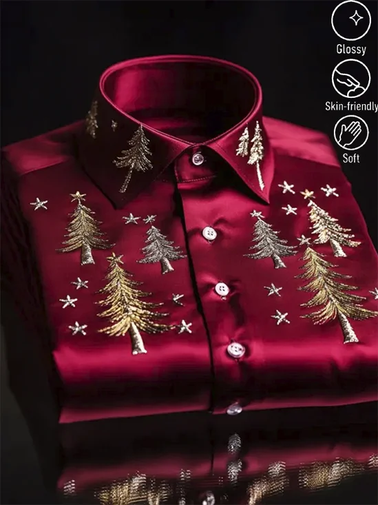 Royaura® Men's Christmas Tree Print Lapel Satin Long Sleeve Shirt Big & Tall