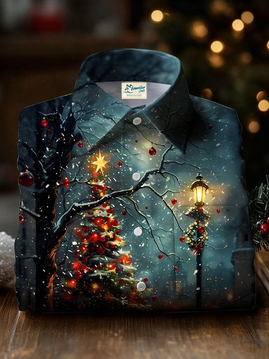 Royaura® Christmas Tree Print Casual Fashion Men's Button Pocket Long Sleeve Shirt Big Tall