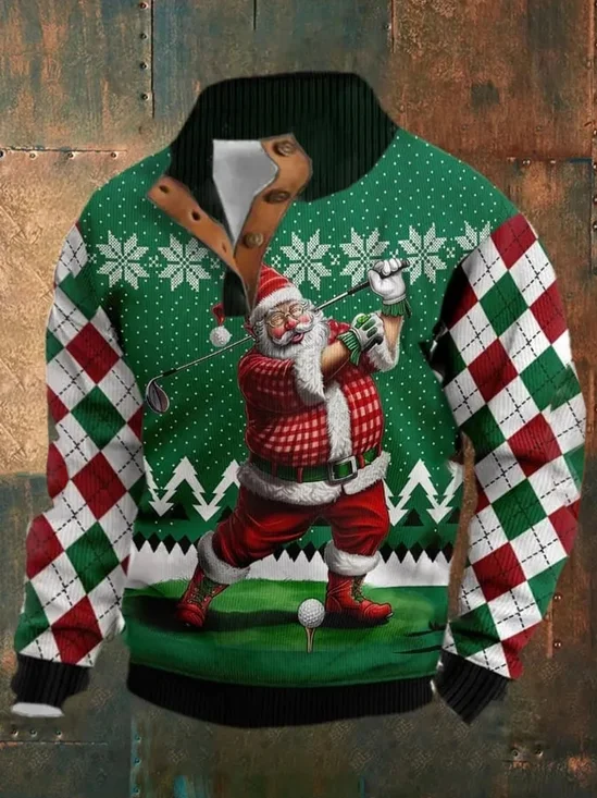 Royaura® Christmas Santa Claus Golf Print Men's Stand Collar Button Long Sleeve Sweatshirt Big & Tall