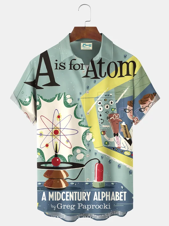 Royaura® Vintage Medieval Atomic Science Cartoon Print Men's Casual Stylish Button Pocket Short Sleeve Shirt Big Tall