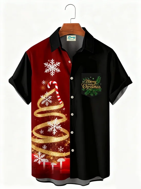 Royaura® Christmas Tree Print Casual Stylish Hawaiian Shirt Summer Shirts Pocket Short Sleeve Shirt Big Tall