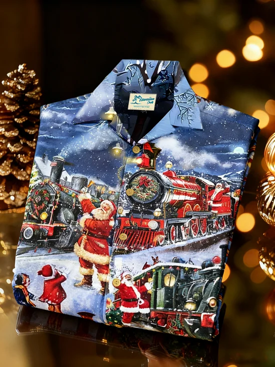 Royaura® Christmas Santa Claus Print Casual Stylish Hawaiian Shirt Summer Shirts Pocket Short Sleeve Shirt Big Tall