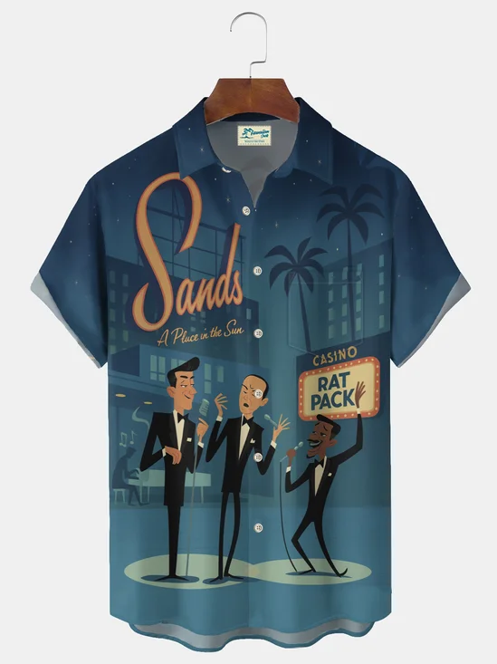 Royaura® Las Vegas Sands Rat Pack Singing Print Men's Lapel Pocket Short Sleeve Shirt Big & Tall