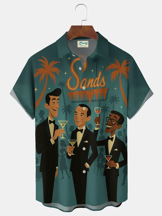 Royaura® Las Vegas Sands Hotel Rat Party Drinking Cocktail Print Men's Lapel Pocket Short Sleeve Shirt Big & Tall
