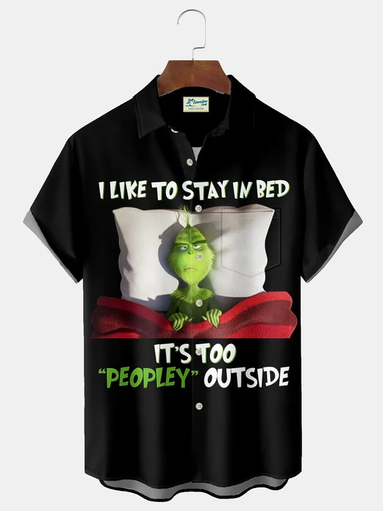 Royaura® Christmas Green Haired Monster Print Casual Stylish Hawaiian Shirt Summer Shirts Pocket Short Sleeve Shirt Big Tall